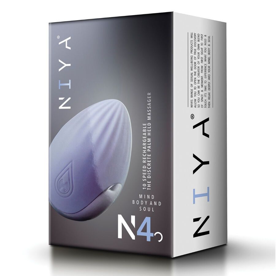 Verpackung von Niya N4. Lila Intimmassager-Abbildung. Text: 10 Geschwindigkeiten, Mind Body Soul.