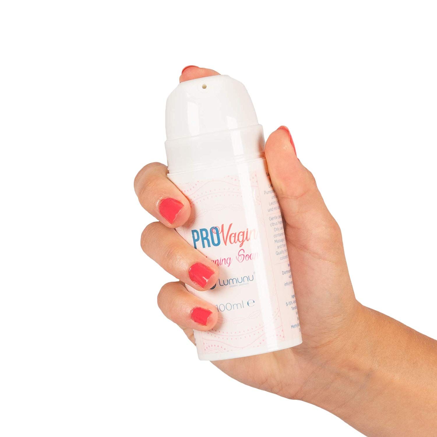 Hand hält weiße Flasche mit Pumpe. Aufschrift PROVagin Cleaning Soap, Logo Lumunu, 100ml.