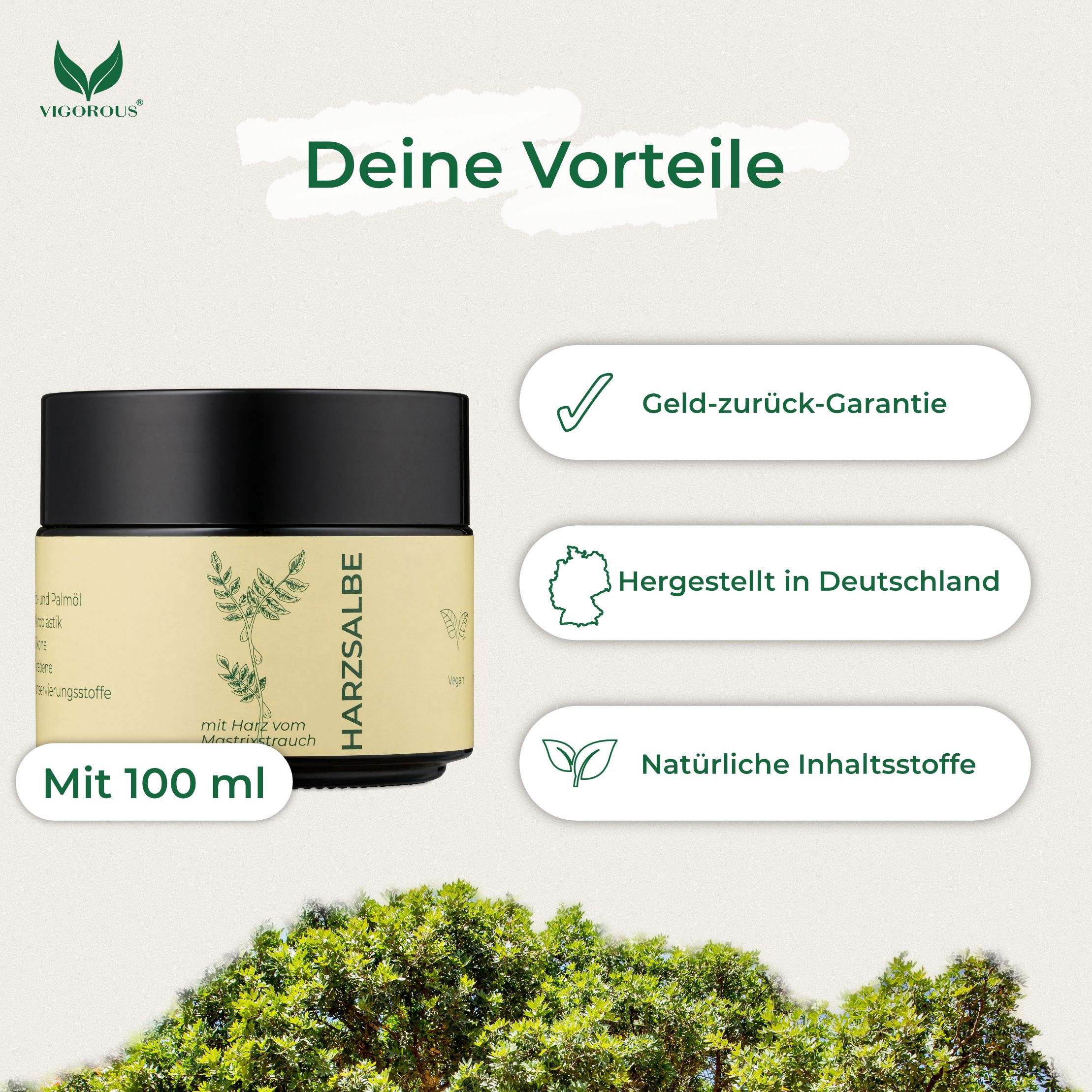 Creme-Tiegel mit Aufschrift HARZSALBE und 100 ml. Vorteile: Geld-zurück-Garantie, Hergestellt in Deutschland, Natürliche Inhaltsstoffe.