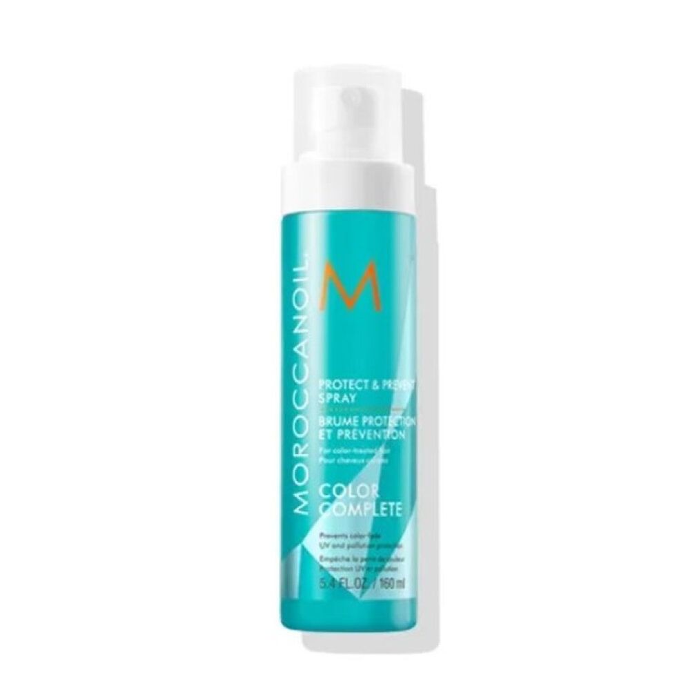 Türkisgrüne Sprühflasche mit weißem Sprühkopf. Aufschrift: Moroccanoil, Color Complete, Protect & Prevent Spray. 160 ml.