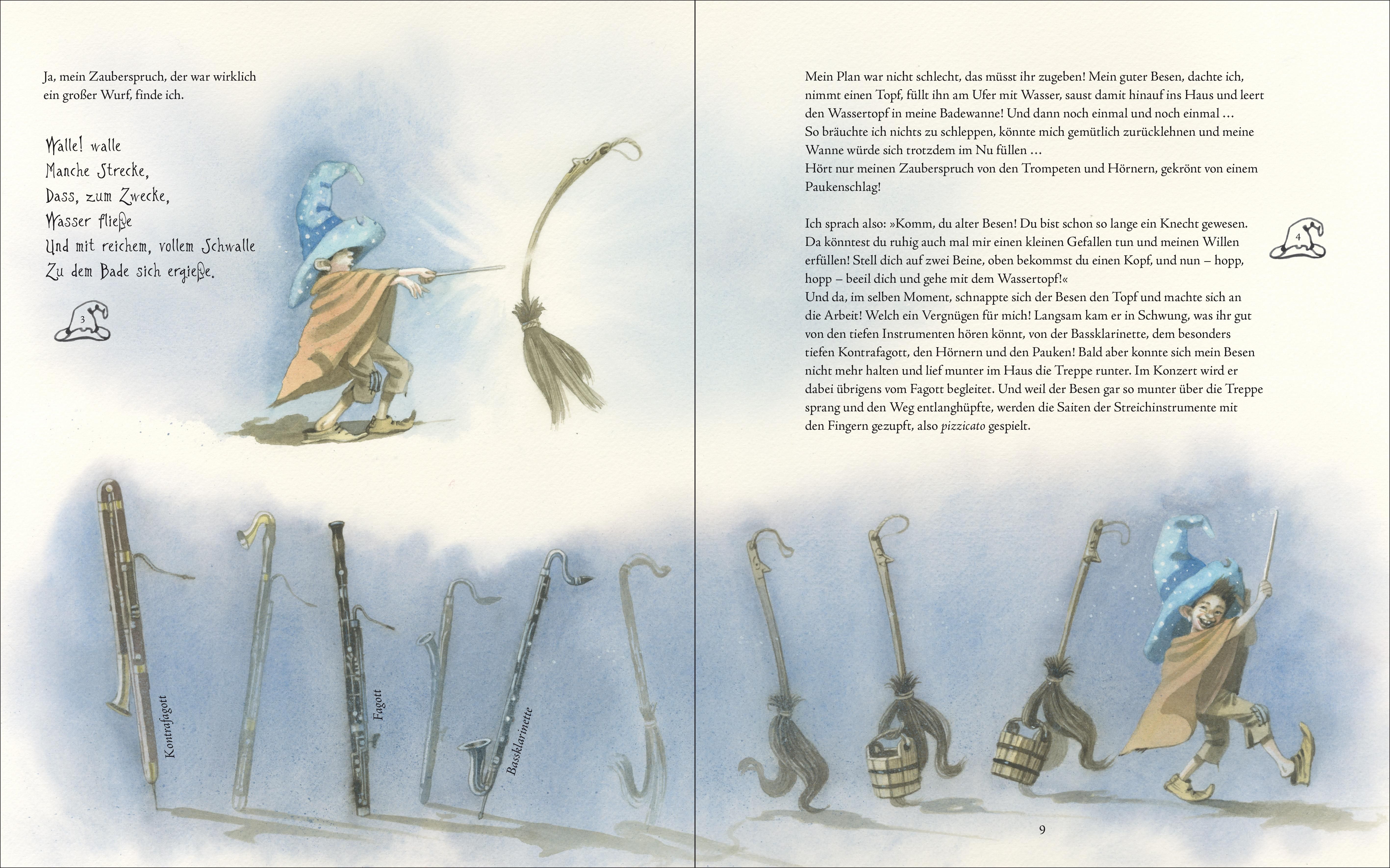 Doppelseite aus "Der Zauberlehrling". Illustration eines Zauberers mit Zauberstab und Besen. Verschiedene Besen und Text.