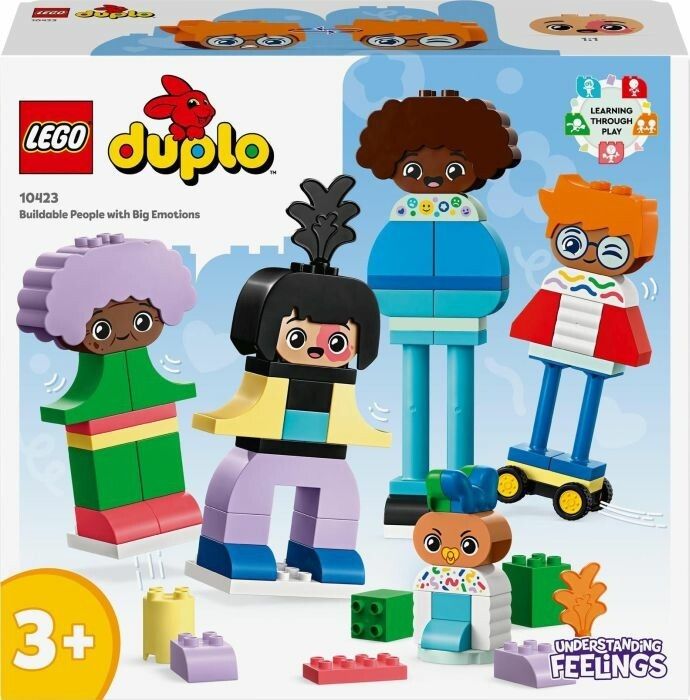 Set LEGO DUPLO 10423 "Persone da Costruire con Grandi Emozioni". La confezione mostra quattro personaggi DUPLO colorati con diverse acconciature e abiti. Il set include anche mattoncini. Il logo "LEGO DUPLO" e l'età "3+" sono ben visibili.