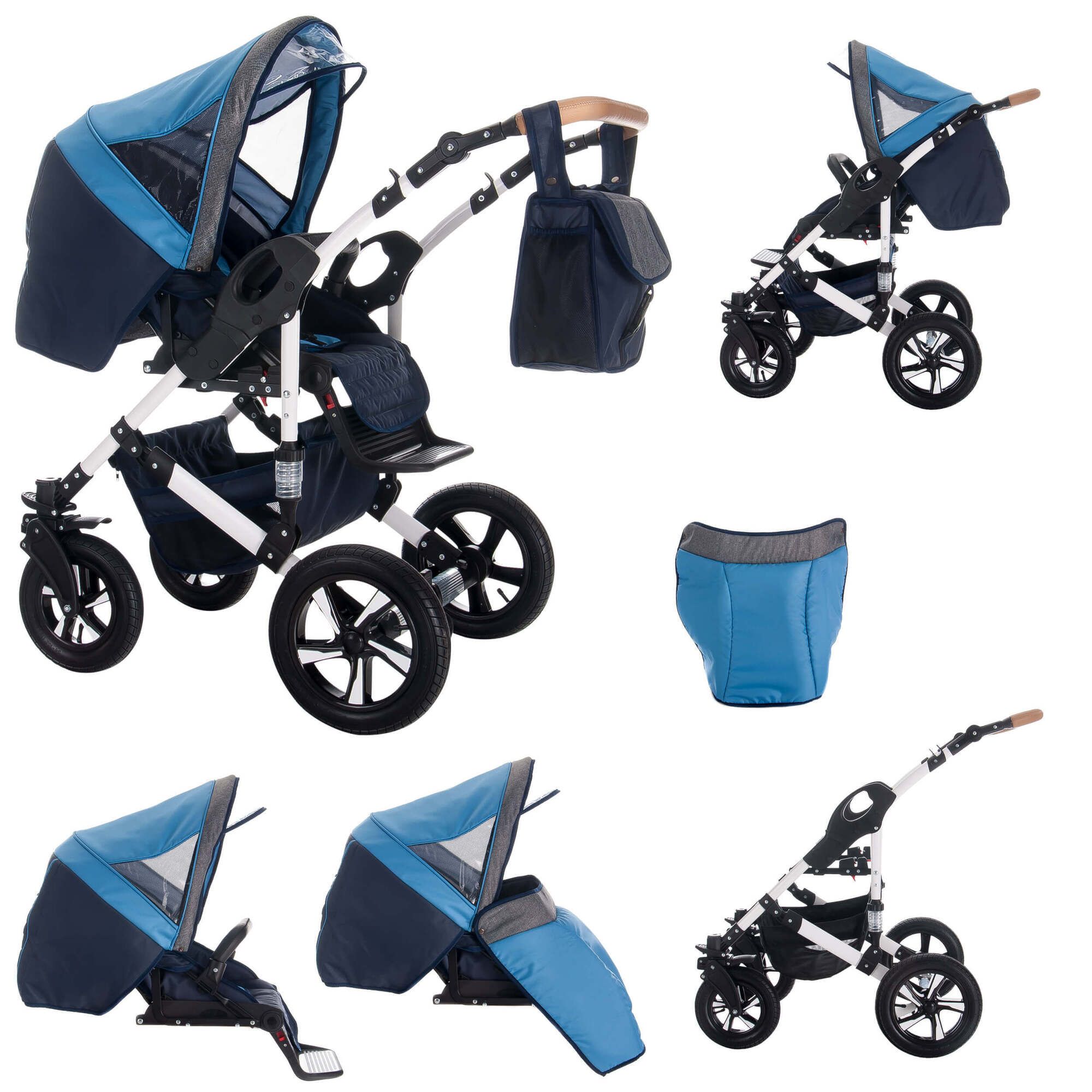 Kinderwagen mit blauem Verdeck, Zubehör und Tasche. Schwarze Räder, weißes Gestell.