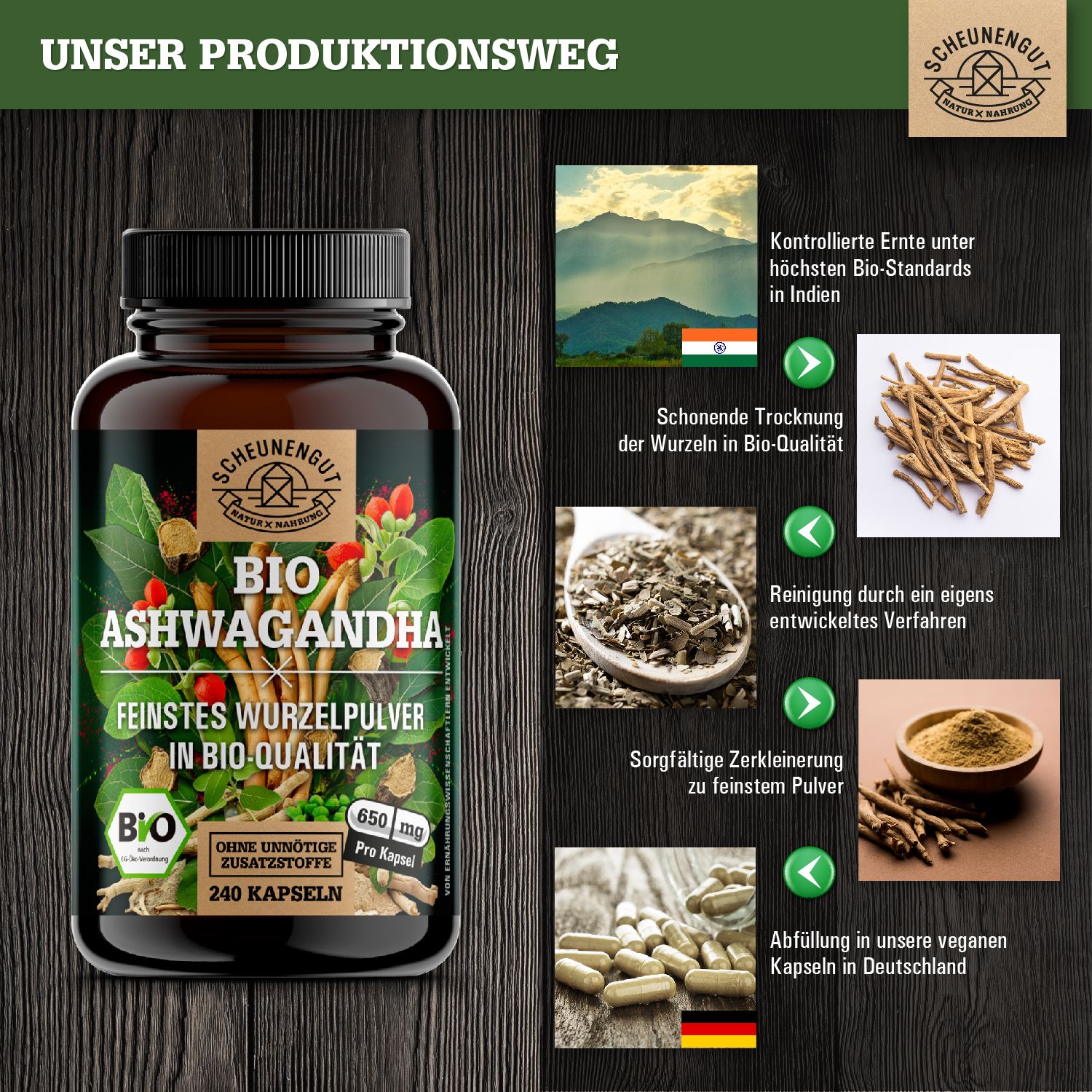 Braune Glasflasche mit Kapseln. Aufschrift: Bio Ashwagandha, 240 Kapseln. Zertifizierungen und Informationen zur Herstellung.