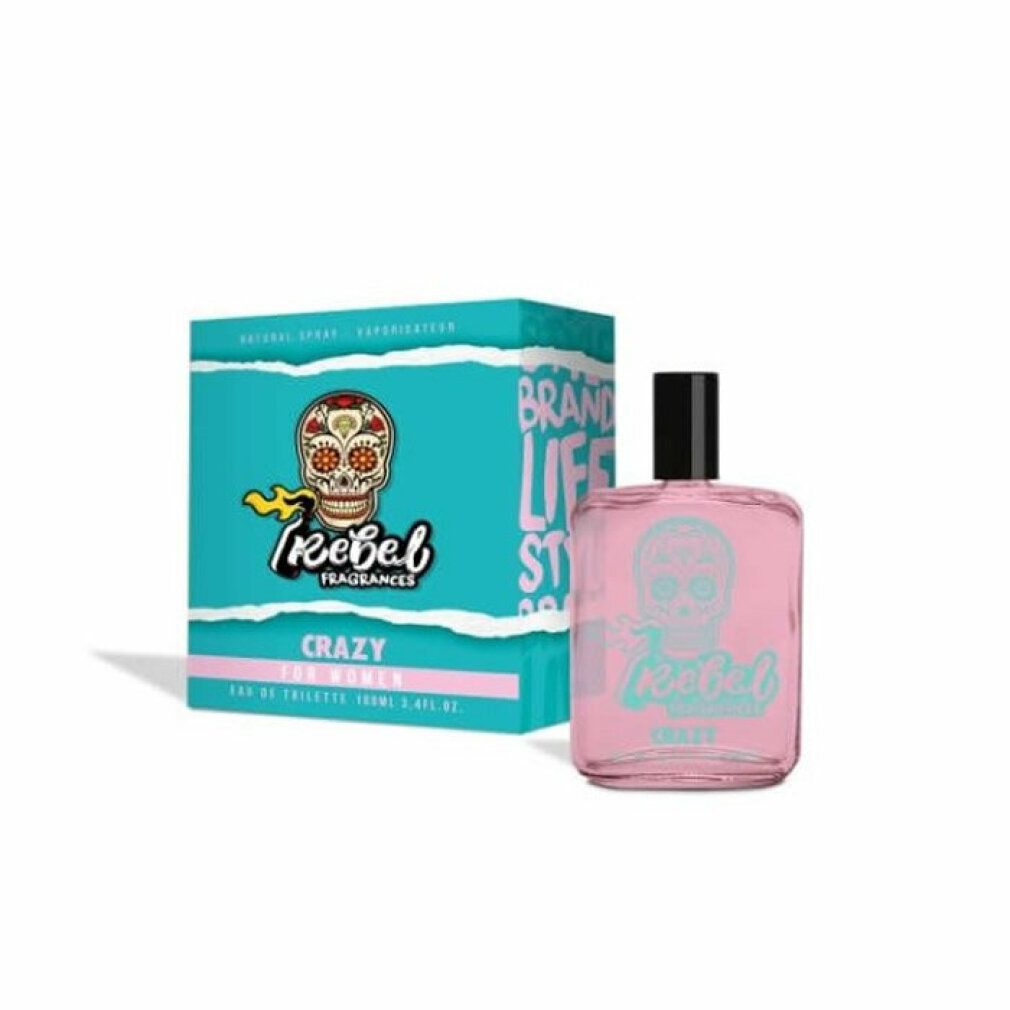 Rosa Flakon mit schwarzem Verschluss, daneben eine türkisfarbene Schachtel mit Totenkopf-Design. Aufschrift: Rebel Crazy.