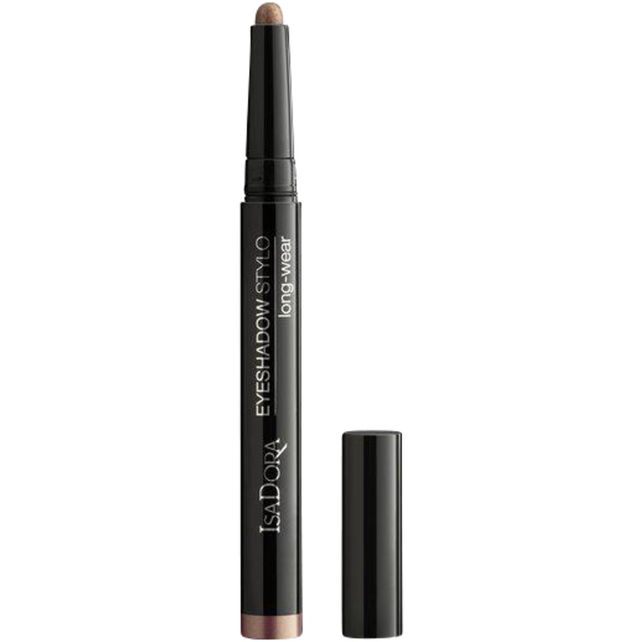 IsaDora Eyeshadow Stylo. Schwarzer Stift mit geöffneter Kappe. Produktname und 'long-wear' aufgedruckt. Spitze in Bronzefarbe.