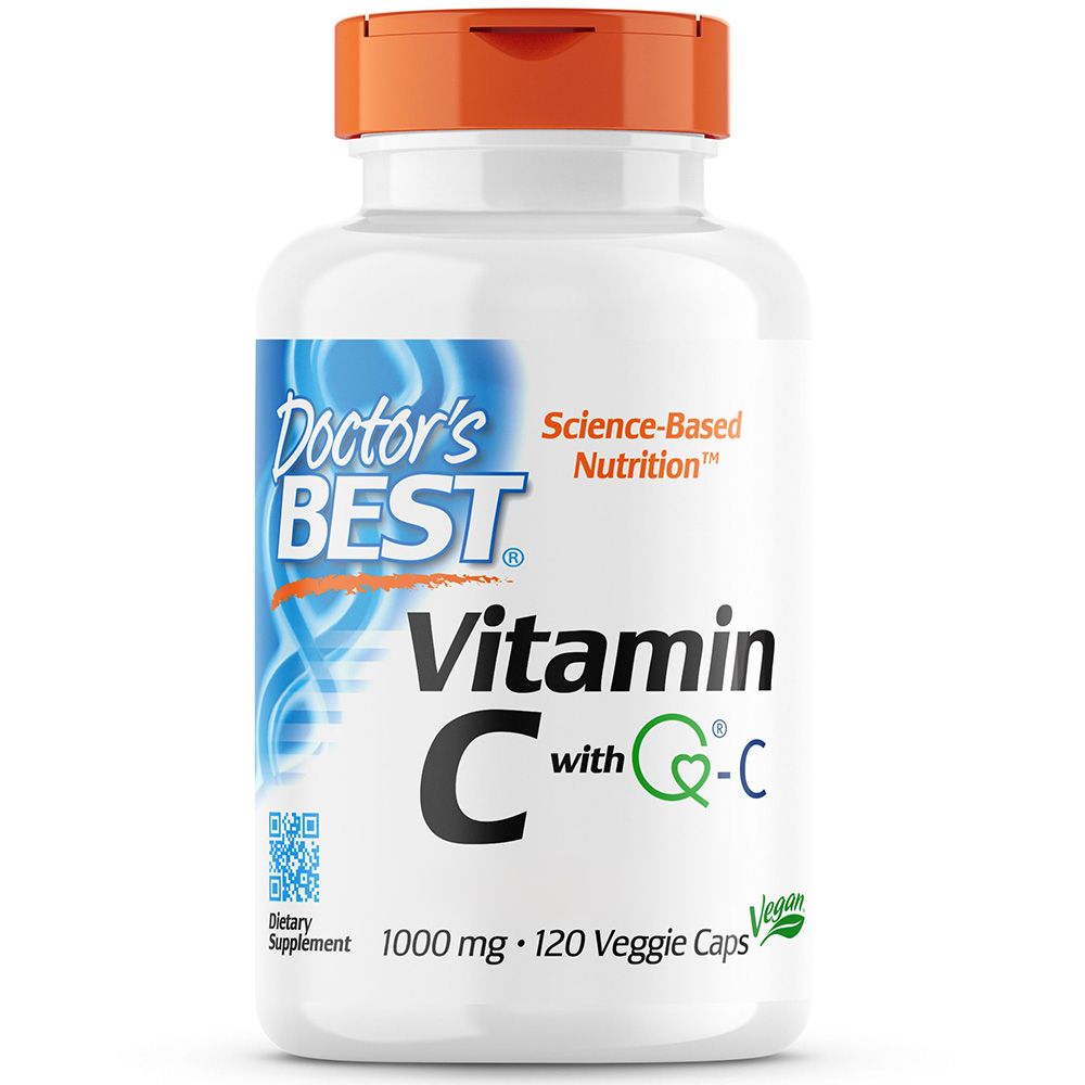 Weiße Flasche mit Vitamin C Kapseln. Aufschrift: Doctor's Best, Vitamin C mit Quali-C, 1000mg, vegane Kapseln. Orangefarbener Deckel.