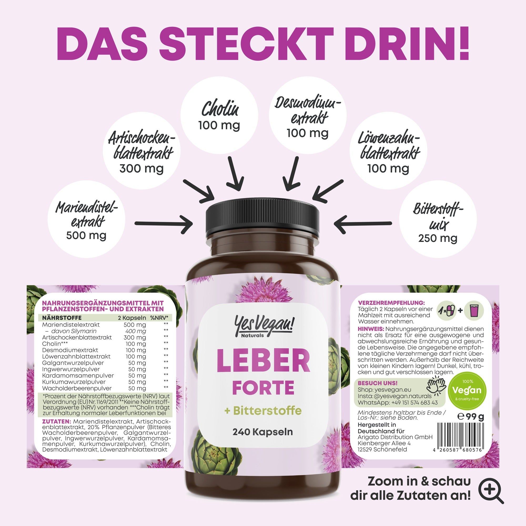 Flasche Leber Forte Kapseln mit detaillierter Inhaltsstoffliste.