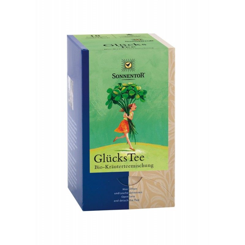 Karton Sonnentor Glückstee. Grün-blaues Design mit Illustration eines Mädchens mit Kleeblättern. Text: Glückstee, Bio-Kräutermischung.