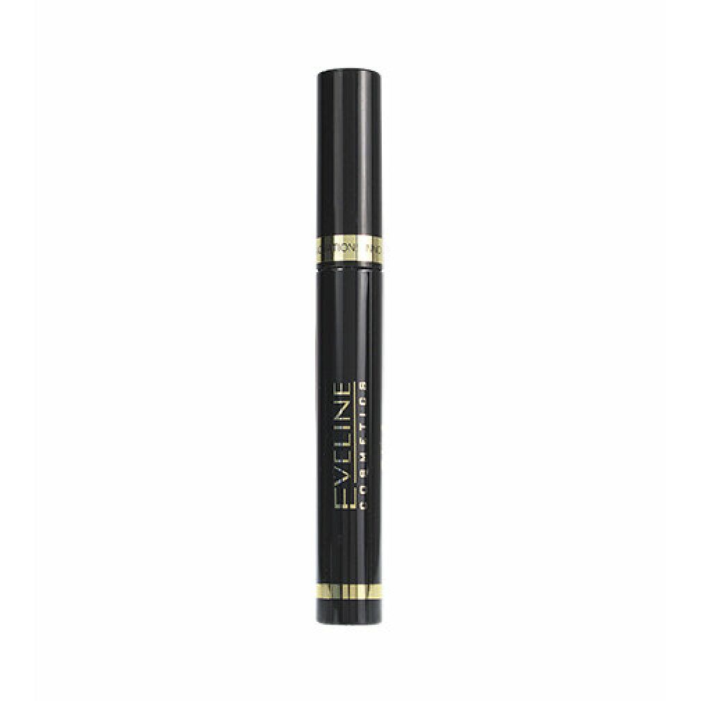 Schwarze Kosmetikflasche mit goldfarbenen Akzenten. Aufschrift: Eveline Cosmetics. Deckel oben. Produkt für Augenbrauen.