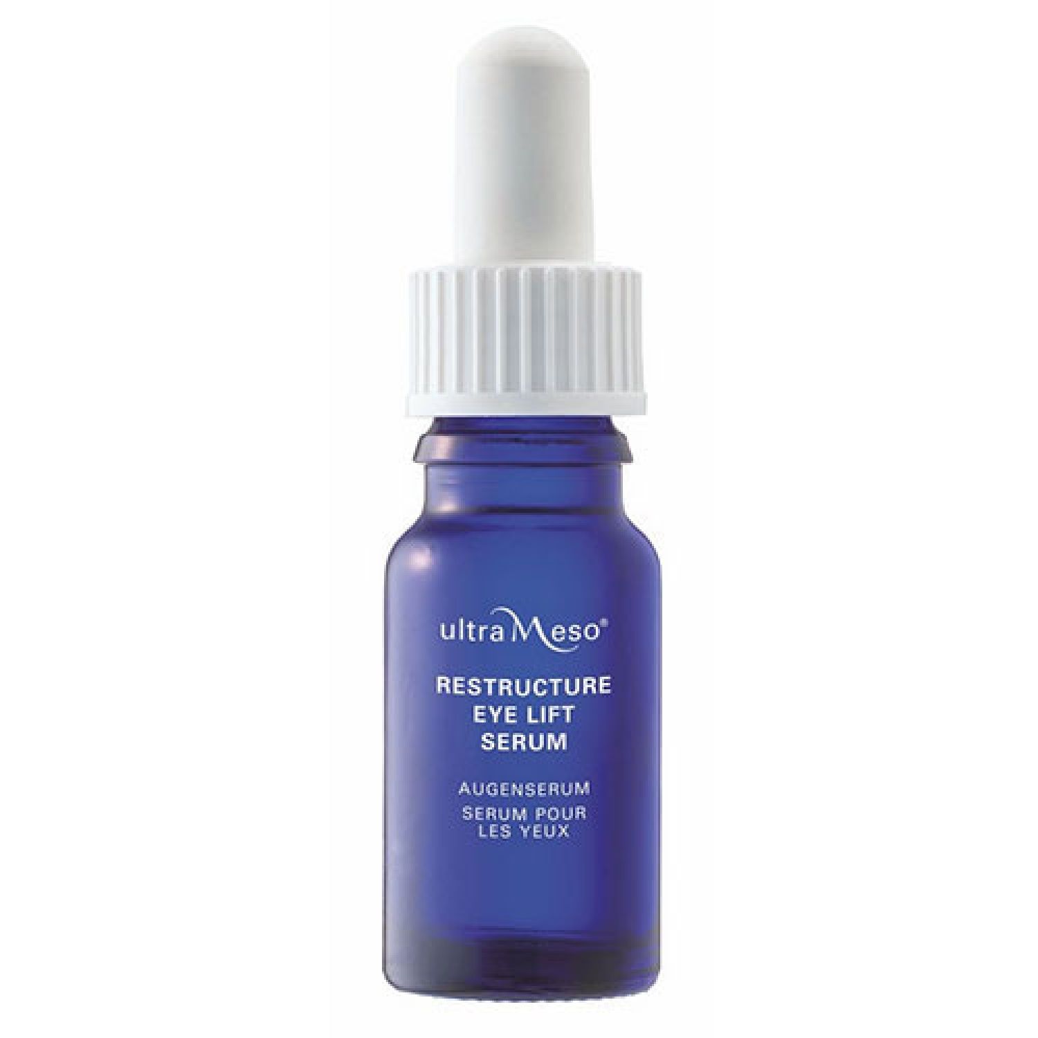 Blaue Glasflasche mit weißem Tropfer. Aufschrift: ultraMeso Restructure Eye Lift Serum. Augen-Serum, Serum pour les yeux.