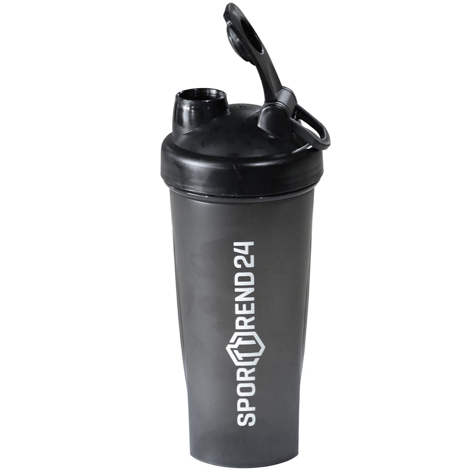 Dunkelgrauer Shaker mit geöffnetem Klappdeckel. Aufschrift 'SPORTTREND 24'.