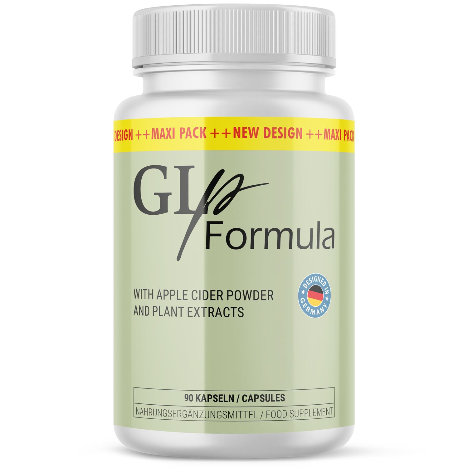 Weißes Pillenbehälter mit grüner Etikett. Aufschrift: GLp Formula, 90 Kapseln, hergestellt in Deutschland.