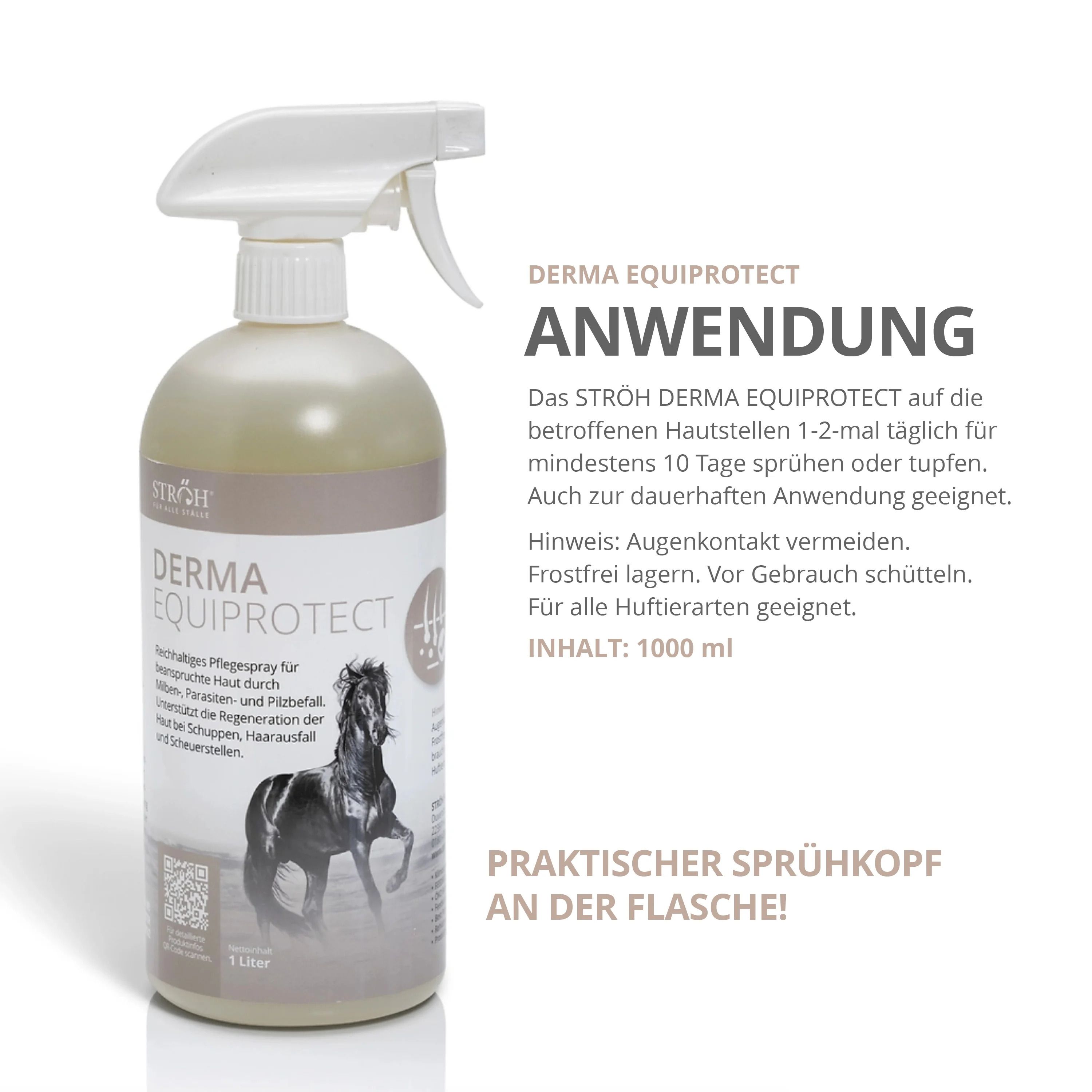 Sprühflasche mit weißem Sprühkopf. Aufschrift: DERMA EQUIPROTECT. Abbildung eines Pferdes. 1 Liter. Text.