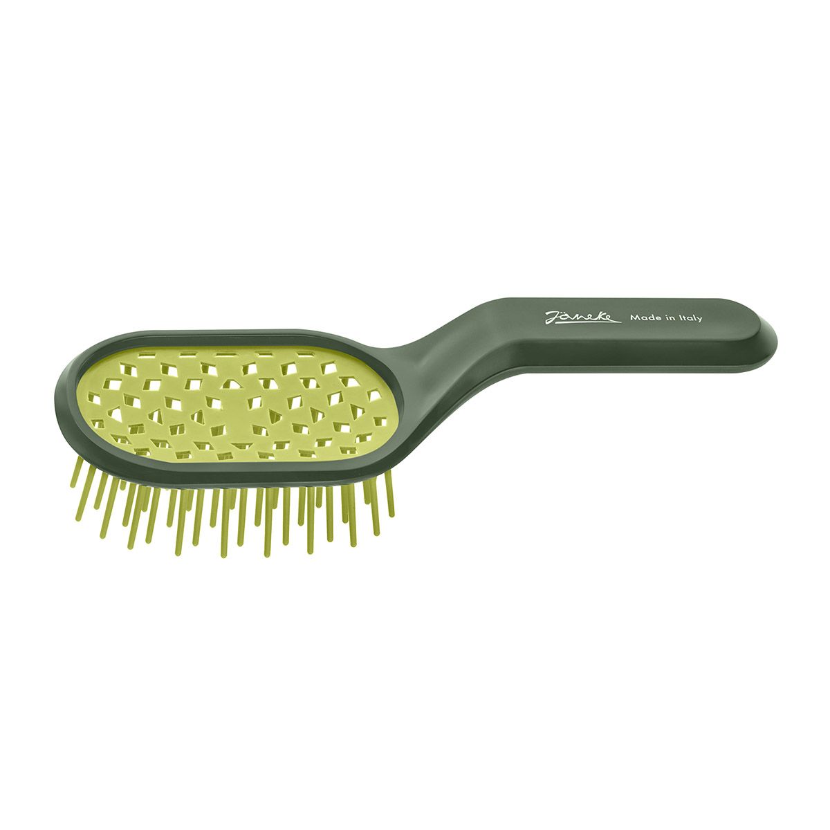 Haarbürste mit ovalem, grünem Bürstenkopf und Griff. Der Kopf hat Löcher und gelbe Borsten. Auf dem Griff steht "Janeke Made in Italy".