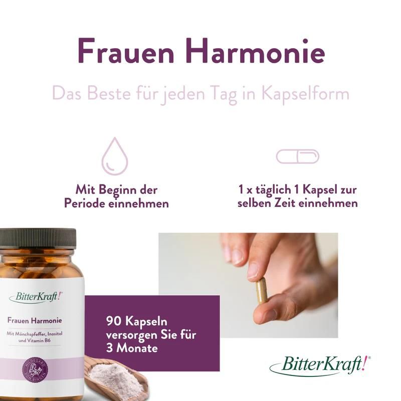 Produktabbildung mit Text. BitterKraft! Frauen Harmonie in Kapselform. 90 Kapseln für 3 Monate. Hand hält Kapsel.