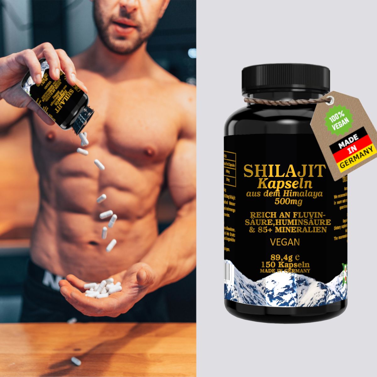 Mann gießt Kapseln aus Flasche. Daneben Flasche Shilajit Kapseln mit Etikett 'Made in Germany'.