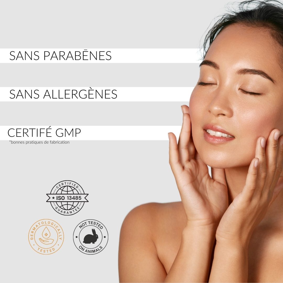 Femme aux yeux fermés. Texte: Sans parabènes, Sans allergènes, Certifié GMP. Logos.