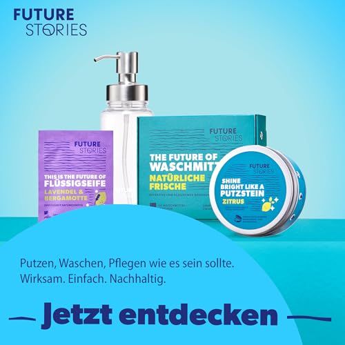 Produkt-Set: Waschmittel, Seife, Putzstein. Text: Jetzt entdecken. Hintergrund: blau.