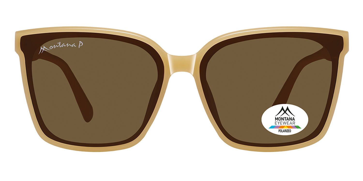 Sonnenbrille mit braunen Gläsern und beigem Rahmen. Montana Eyewear Logo und Polarisations-Aufkleber.