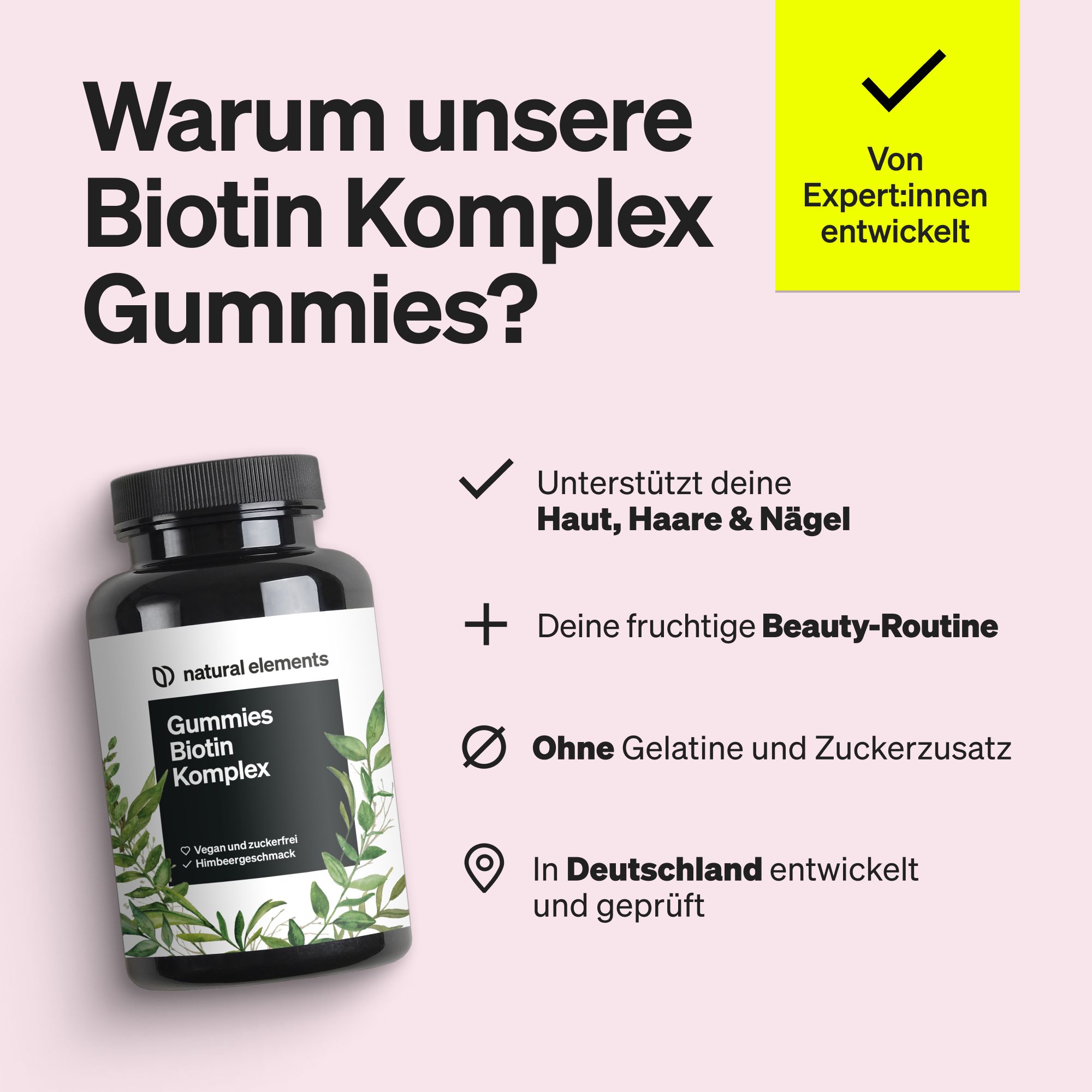 natural elements Biotin Haar Gummies – 120 Stk – zuckerfrei 5000μg Biotin/Tagesdosis – Himbeer
