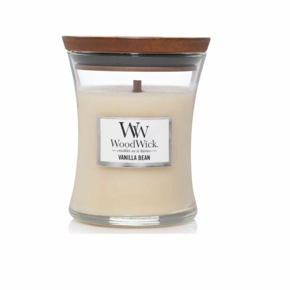Sanduhrförmige Kerze mit Deckel. Aufschrift: WoodWick, Vanilla Bean.
