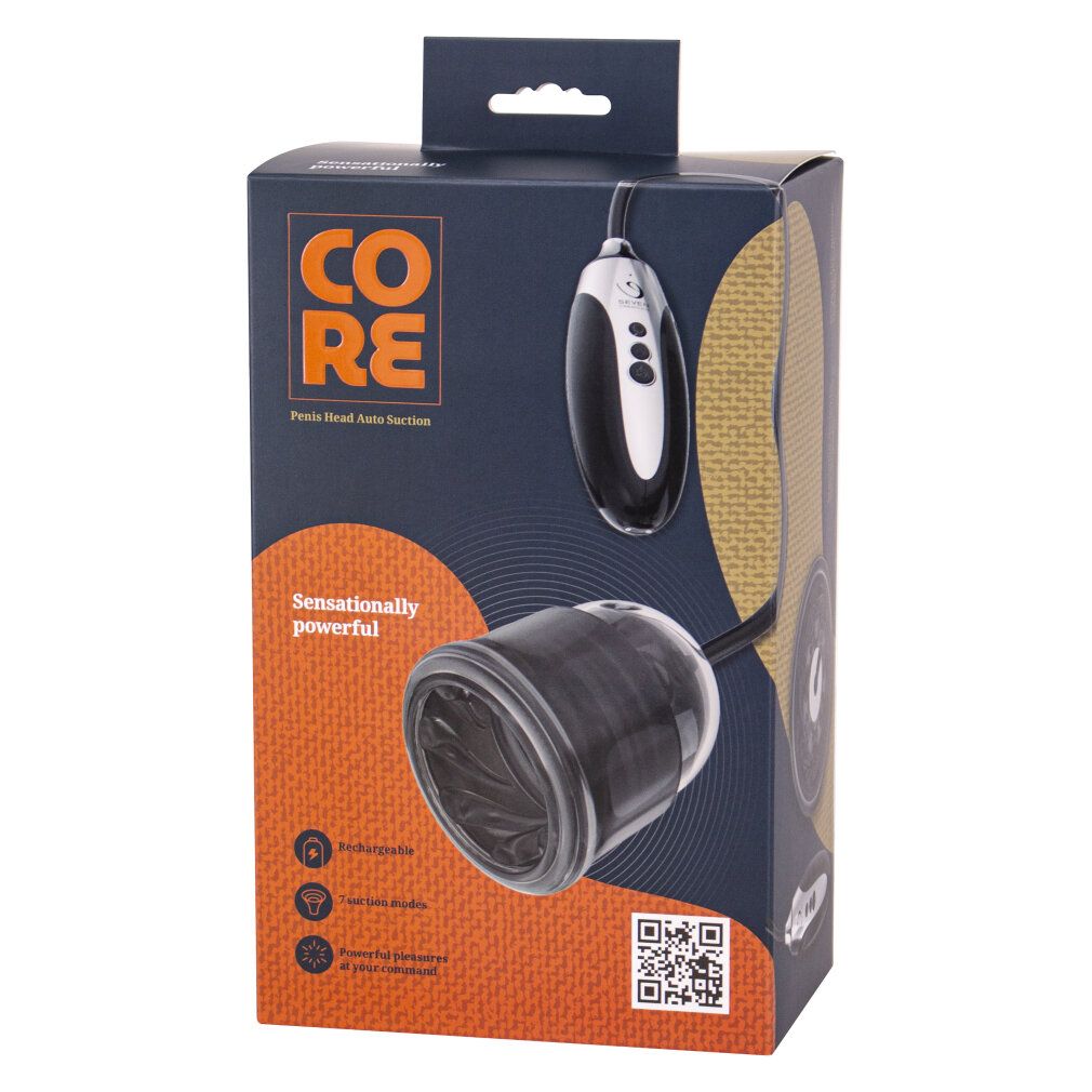 Verpackung mit Produktabbildung. Aufschrift "CORE". Abbildung eines schwarzen Penis-Pumpe-Aufsatzes und Steuerung. Text: "Sensationally powerful".