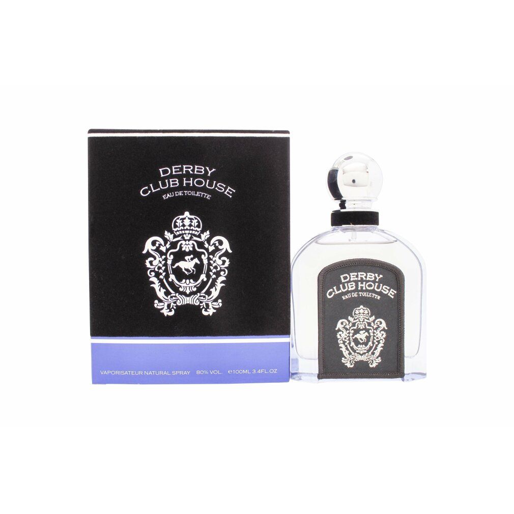 Flakon und Verpackung von Derby Club House Eau de Toilette. Schwarze Verpackung mit weißem Logo. Transparenter Flakon.