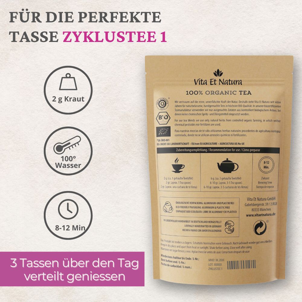 Verpackung mit Produktinformationen. 100% Bio-Tee. Zubereitungsempfehlung: 2g Kraut, 100°C Wasser, 8-12 Min. Ziehzeit.