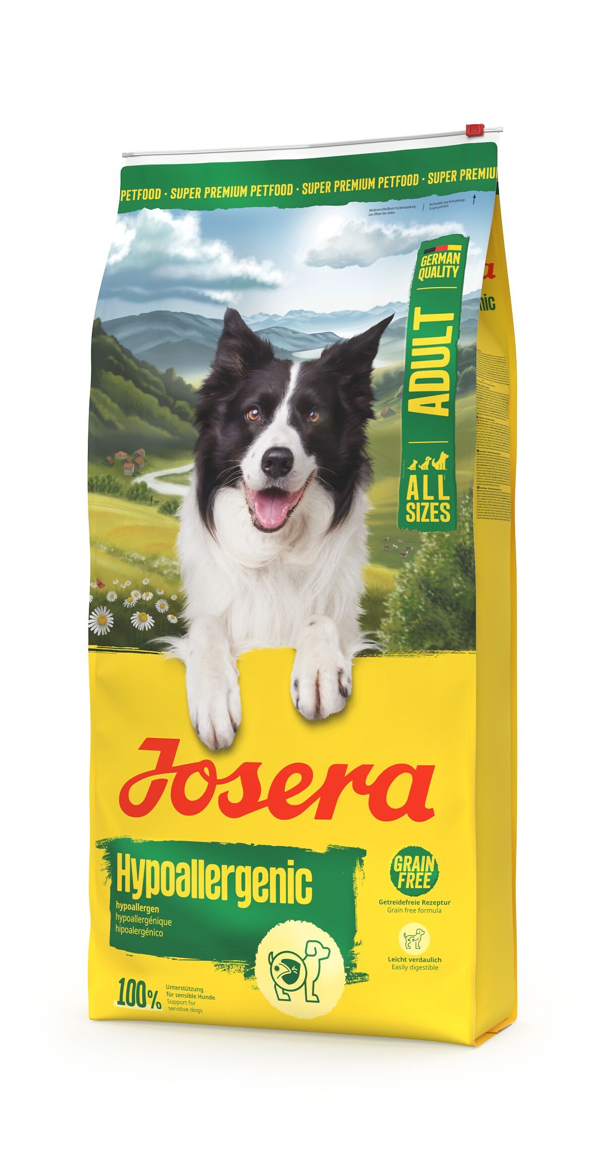 Gelbe JOSERA-Hundefutter-Verpackung. Aufdruck: "Hypoallergenic", "Adult", Hund. Grün-weiße Landschaft.