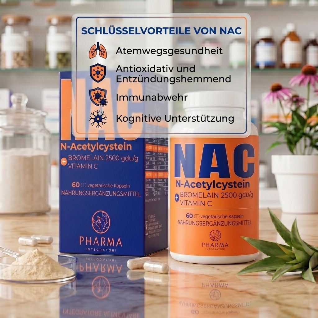 NAC N-Acetylcystein Dose und Verpackung mit Darstellung von Lungen, Schilden und Gehirn.