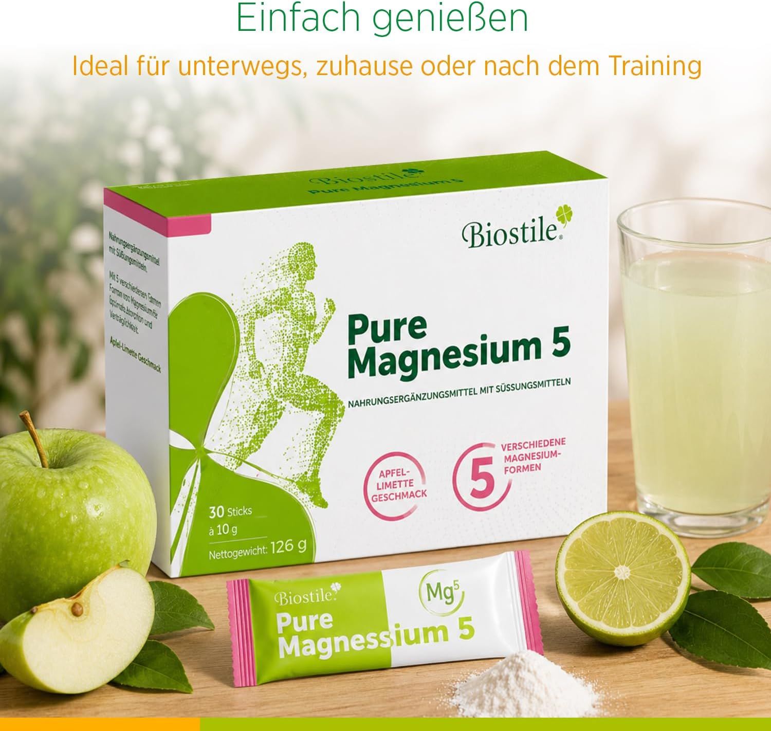 Biostile Pure Magnesium 5: Ausgewählte natürliche Inhaltsstoffe, Herstellung in Europa, mit Qualitätszertifikaten.