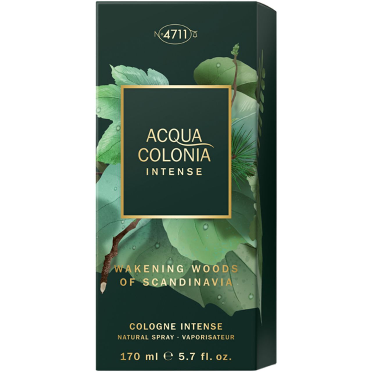 Dunkelgrüne Schachtel. Aufschrift: Acqua Colonia Intense Wakening Woods of Scandinavia. 170 ml.
