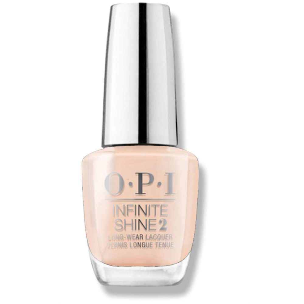 OPI Nagellacke Infinite Shine 2 Flasche. Beige-farbener Lack, silberner Deckel. Markenname und Produktbezeichnung sichtbar.