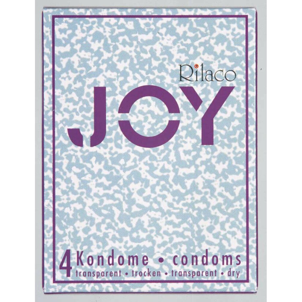 Produktverpackung mit Rilaco-Logo und Produktnamen JOY. Enthält 4 Kondome. Text: transparent, trocken.