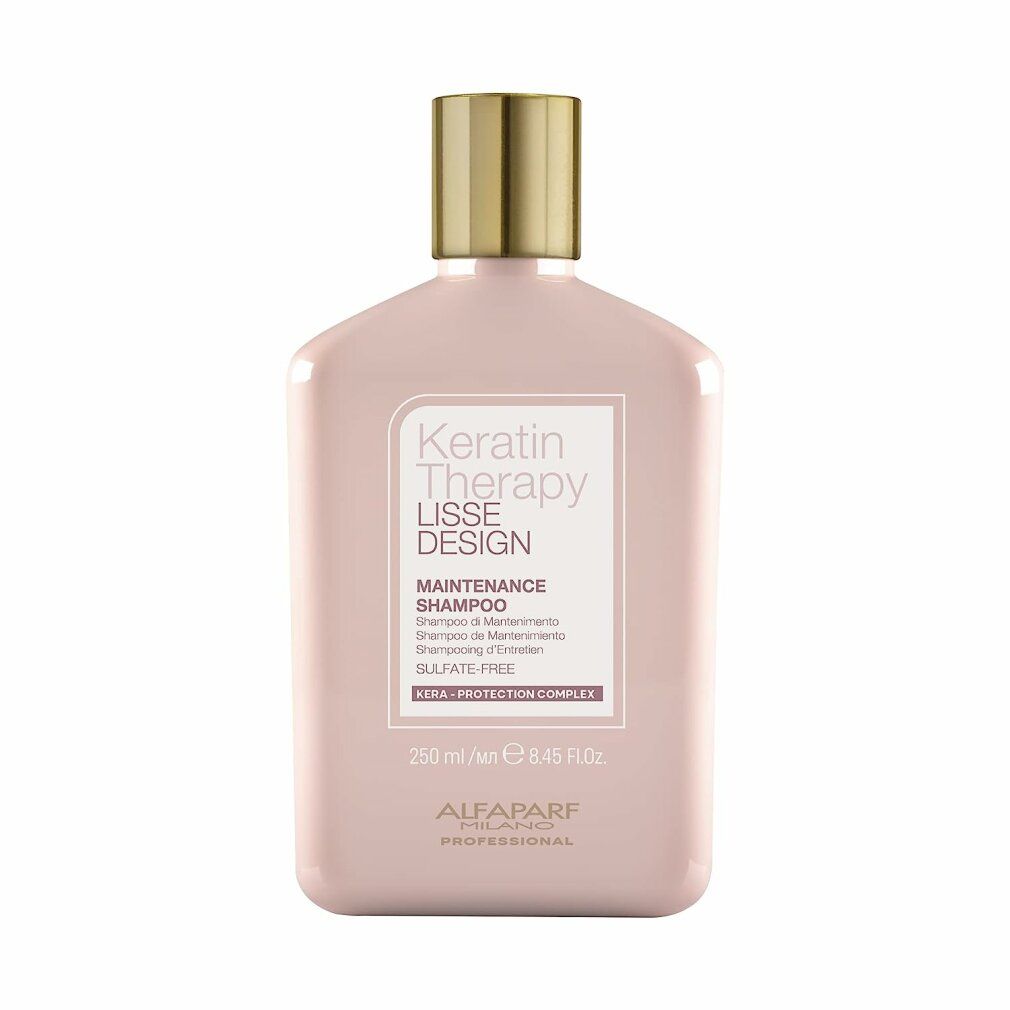 Rosa Shampoo-Flasche mit goldfarbenem Deckel. Text: Keratin Therapy Lisse Design Maintenance Shampoo, Alfaparf Milano.