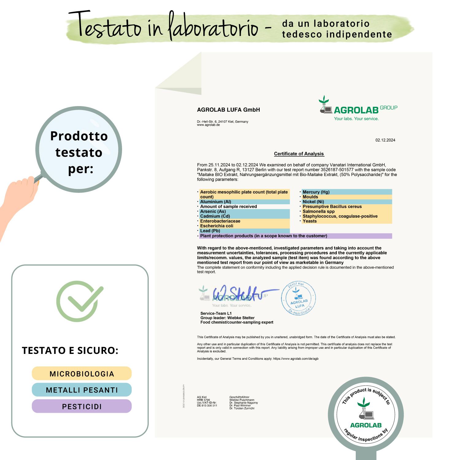 Certificato di Agrolab. Prodotto testato per: Microbiologia, metalli pesanti, pesticidi. Logo: Agrolab Group.