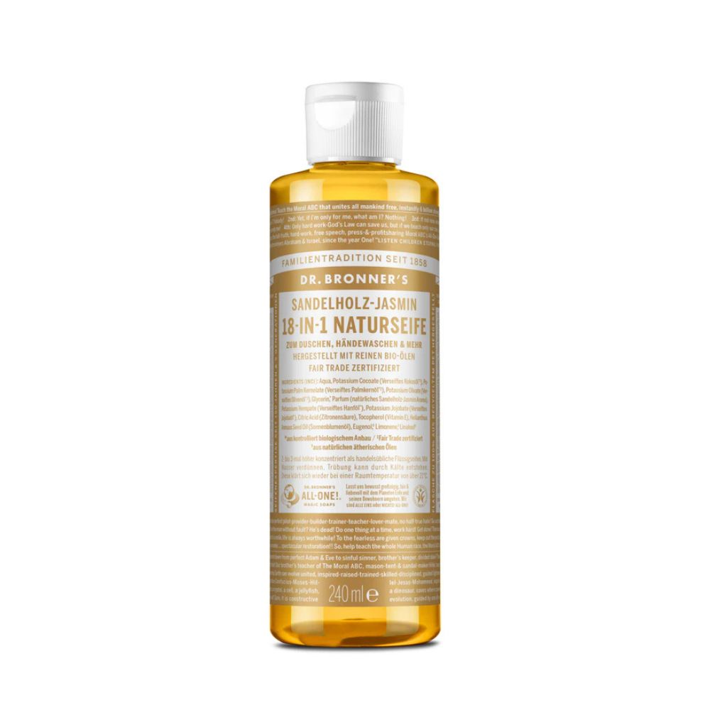 Gelbliche Flasche mit weißem Deckel. Aufschrift: Dr. Bronner's Sandelholz-Jasmin 18-in-1 Naturseife. 240ml.