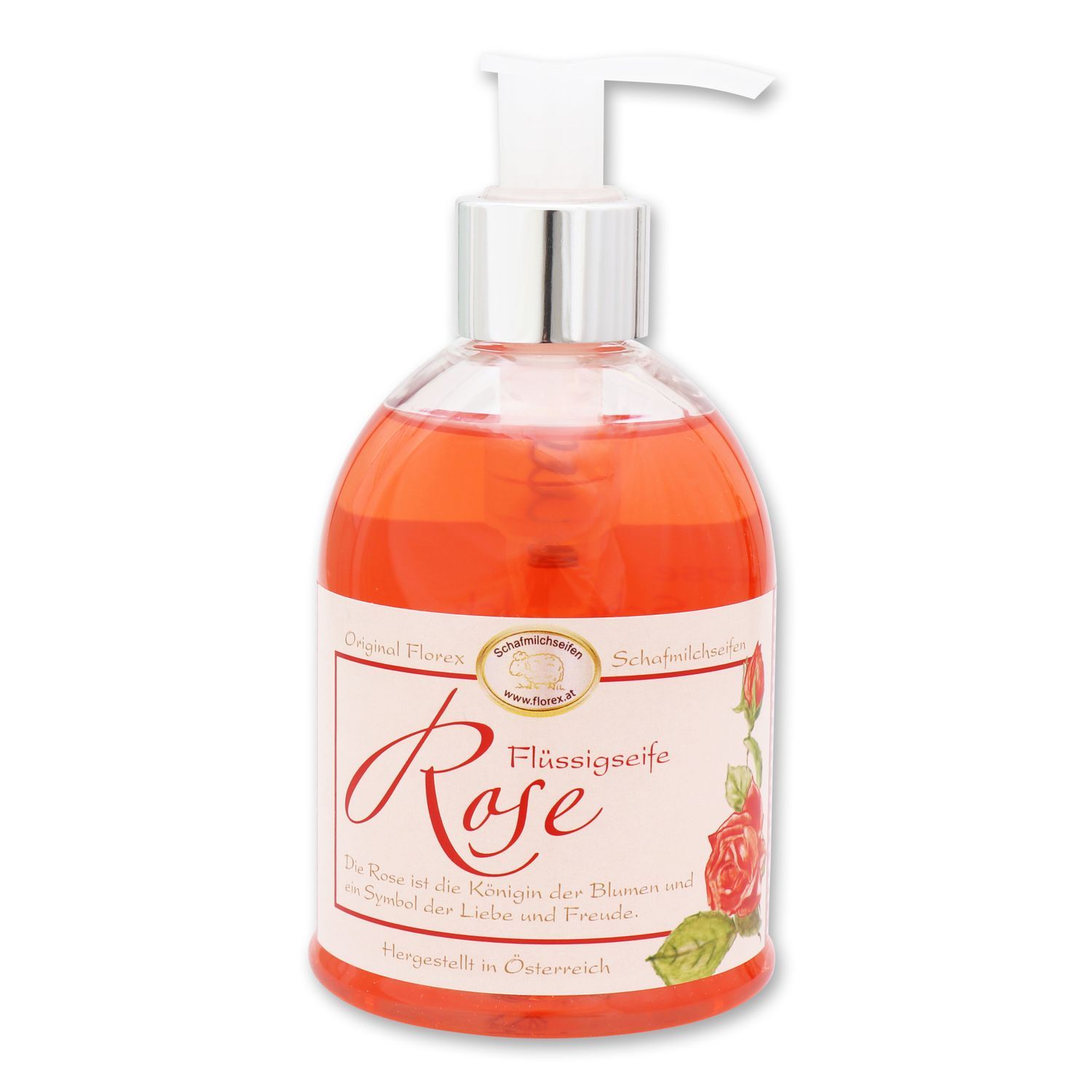 Transparente Flüssigseife in einer Flasche mit Spender. Etikett mit Schriftzug "Rose" und Rosenabbildung. Hergestellt in Österreich.