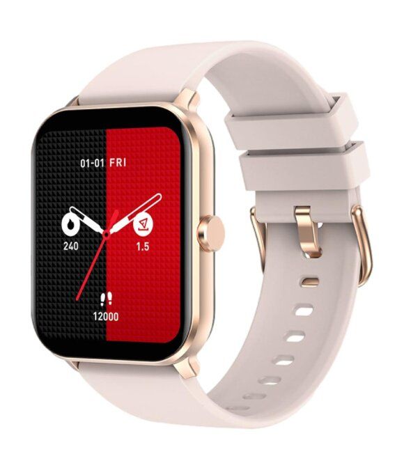 Smartwatch mit rotem und schwarzem Display, goldenem Gehäuse und cremefarbenem Armband. Zeigt Fitnessdaten.