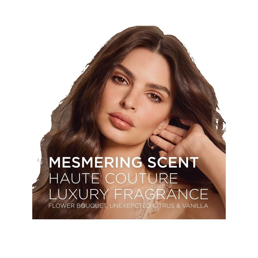 Frau mit braunen Haaren. Text: Mesmering Scent, Haute Couture, Luxury Fragrance. Blumenstrauß, unerwartete Zitrone & Vanille.