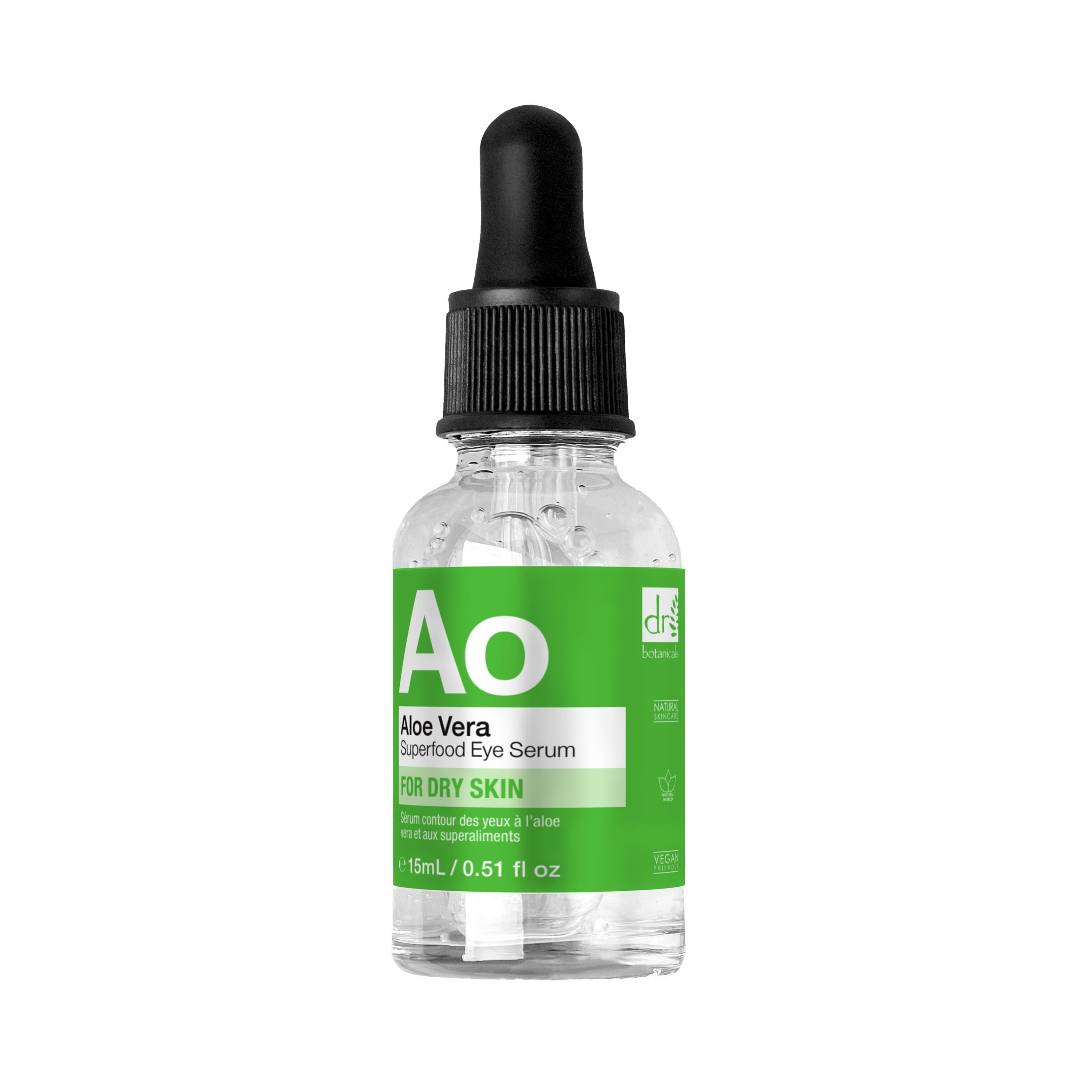 Klare Glasflasche mit schwarzem Tropfer. Grün-weiße Etiketten mit Produktinformationen. "Ao" und "Aloe Vera" sichtbar.