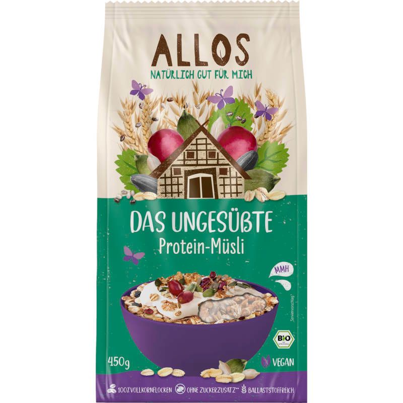 Verpackung von Allos Protein-Müsli. Aufschrift: "DAS UNGESÜBTE Protein-Müsli". Enthält Bio- und Vegan-Siegel. Gewicht: 450g.