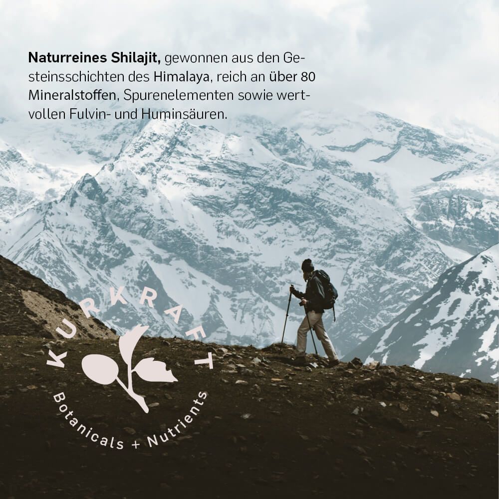 Berglandschaft mit Wanderer. Logo Kurkraft Botanicals + Nutrients. Text: Naturreines Shilajit, gewonnen aus dem Himalaya.