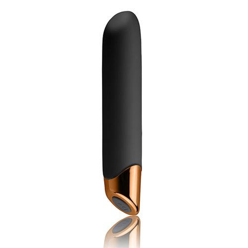 Schwarz-goldener Vibrator. Zylindrische Form mit abgerundeter Spitze. Unterteil goldfarben.