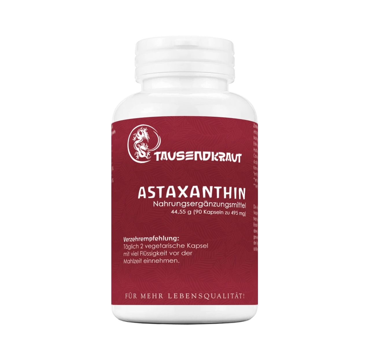 Weiße Flasche mit rotem Etikett. Aufschrift: TAUSENDKRAUT, ASTAXANTHIN, Nahrungsergänzungsmittel. Enthält 90 Kapseln. Empfehlung: 2 Kapseln täglich.