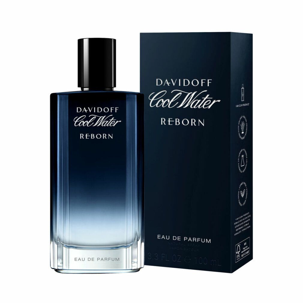 Davidoff Cool Water Reborn Flakon und Verpackung. Rechteckige Form, Farbverlauf. Schwarzer Verschluss. Aufschrift auf Flakon und Box.