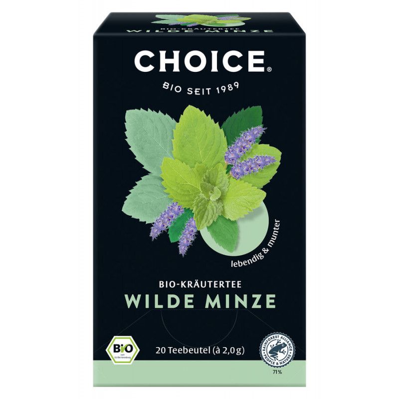 Schwarze Verpackung mit "CHOICE"-Logo und "Wilde Minze"-Aufdruck. Enthält 20 Teebeutel. Bio-Kräutertee mit Kräuter- und Blütenillustration.
