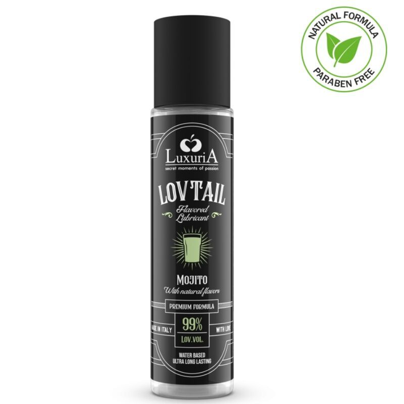 Zylindrische Flasche mit schwarzem Deckel. Aufschrift "LOV'TAIL" und "Mojito". Grün-weißes Etikett. "Natural Formula" Siegel.