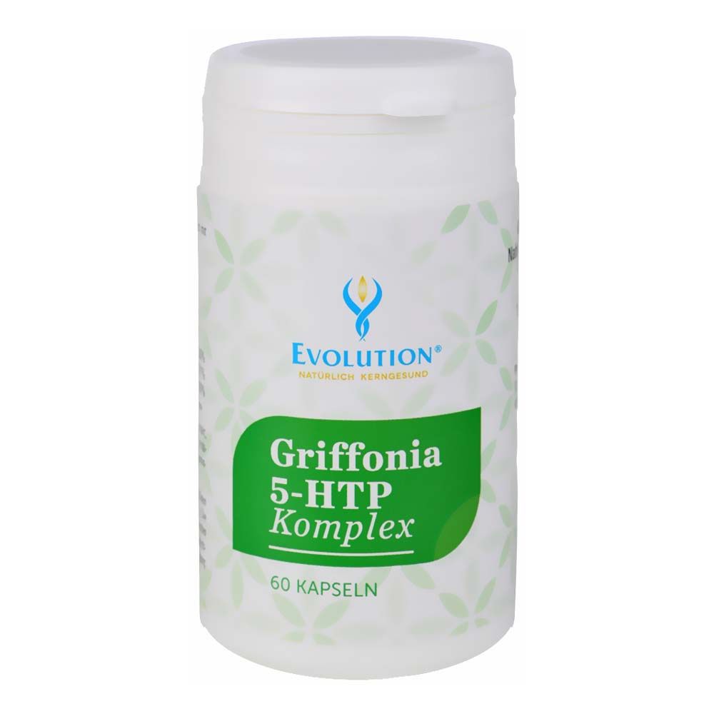 Weiße Flasche mit grünem Etikett. Aufschrift: Evolution, Griffonia 5-HTP Komplex, 60 Kapseln. Logo: blaues Flammen-Symbol.